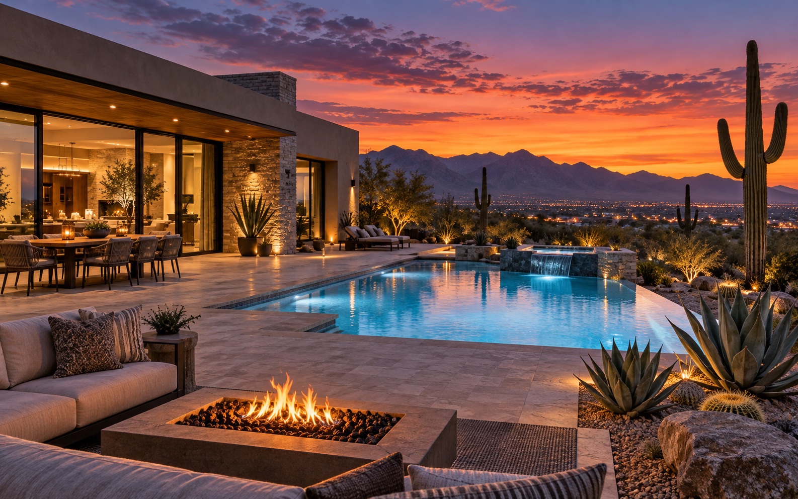 Desert-modern Arizona home with a pool and mountain sunset