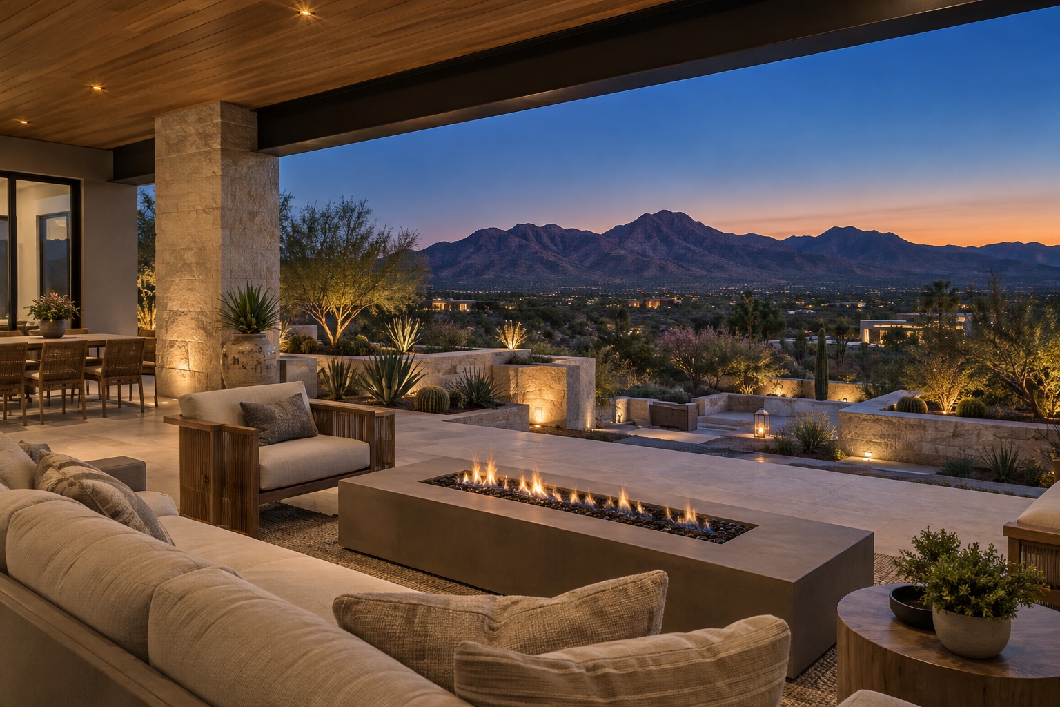 Desert-modern outdoor terrace overlooking the White Tank Mountains at blue hour