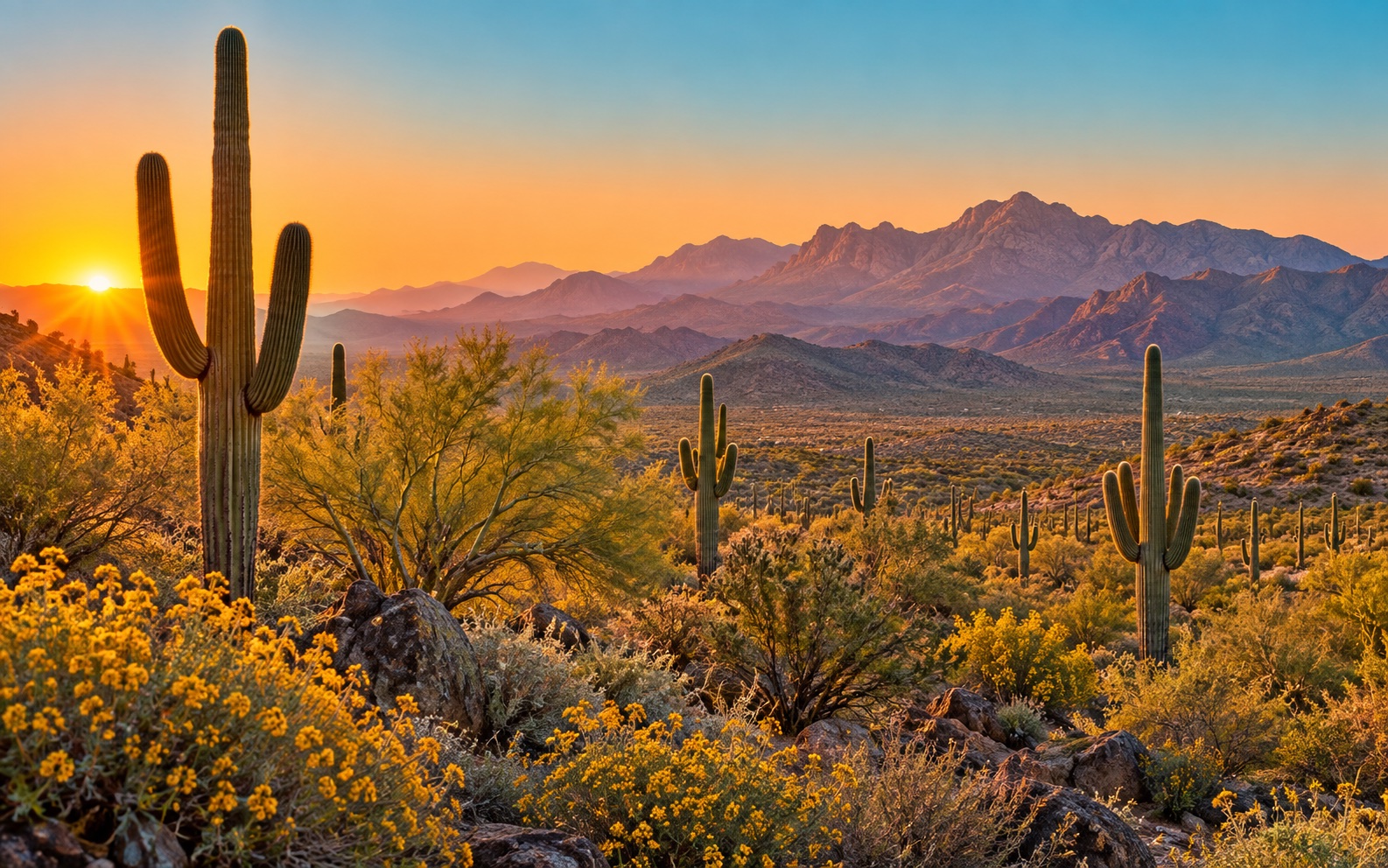 Sonoran Desert saguaros and mountains at sunset