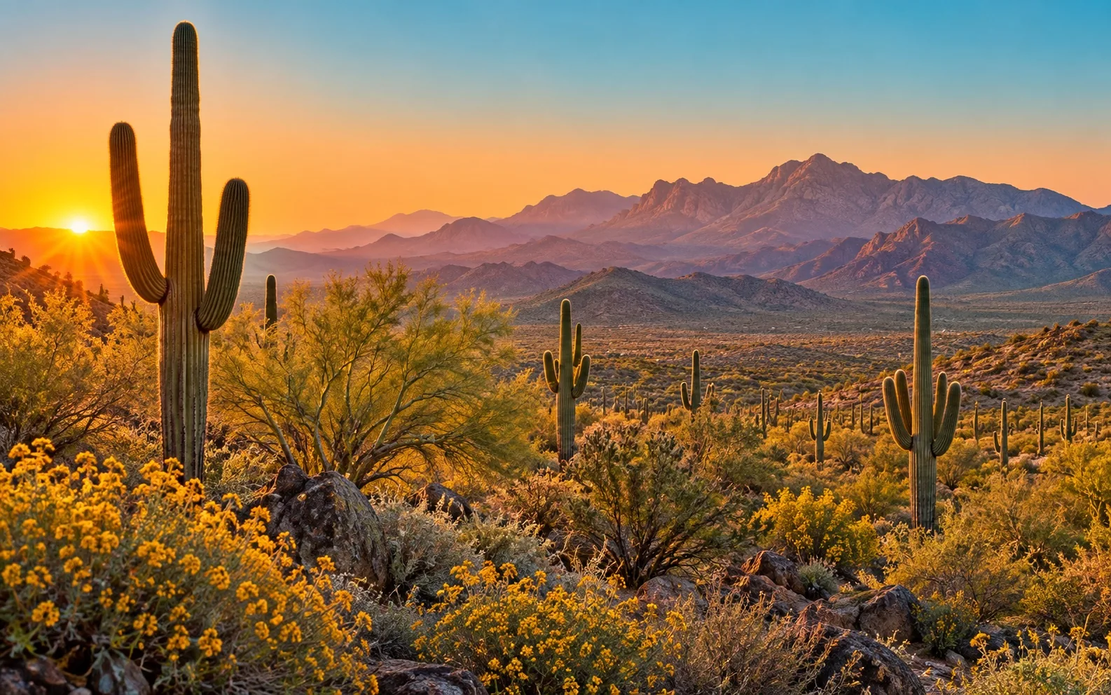 Sonoran Desert mountains and saguaros at sunset
