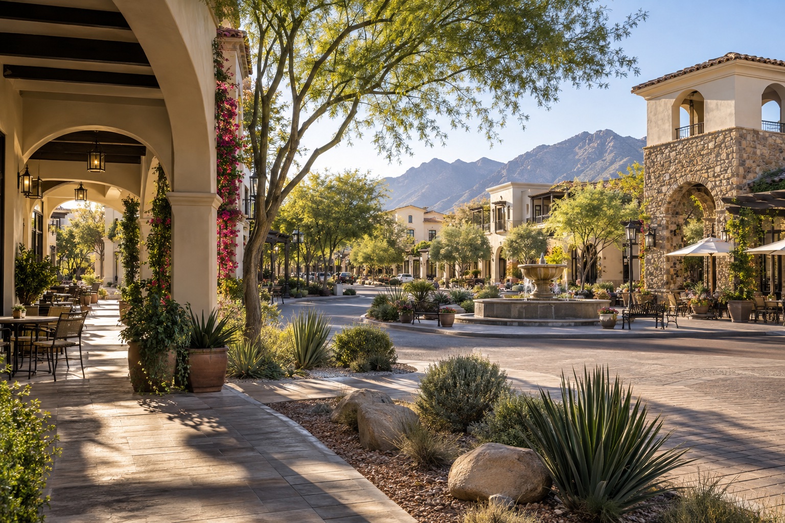 Verrado-inspired main street with Spanish architecture and desert landscaping