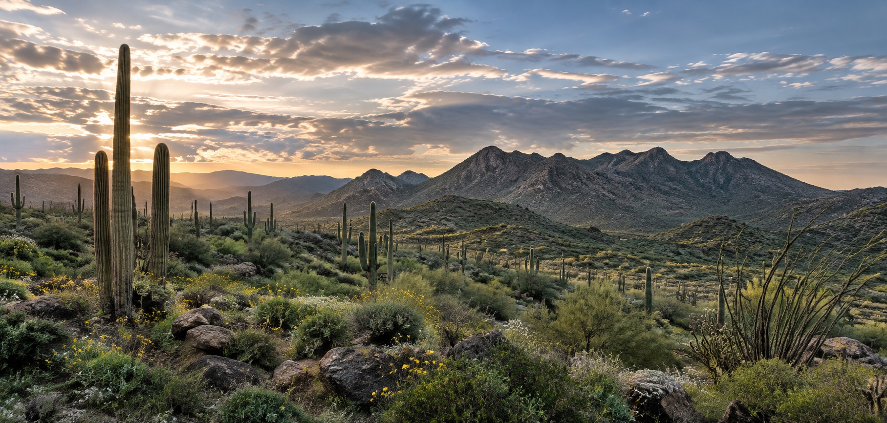 White Tank Mountains after a monsoon with saguaros and desert wildflowers
